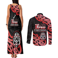 New Zealand 1840 Waitangi Day Couples Matching Tank Maxi Dress and Long Sleeve Button Shirt Aotearoa Haka Mask - Red Version