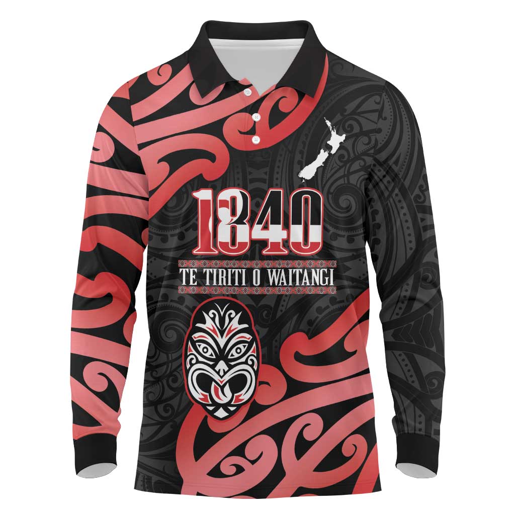 New Zealand 1840 Waitangi Day Long Sleeve Polo Shirt Aotearoa Haka Mask - Red Version LT14 Red - Polynesian Pride