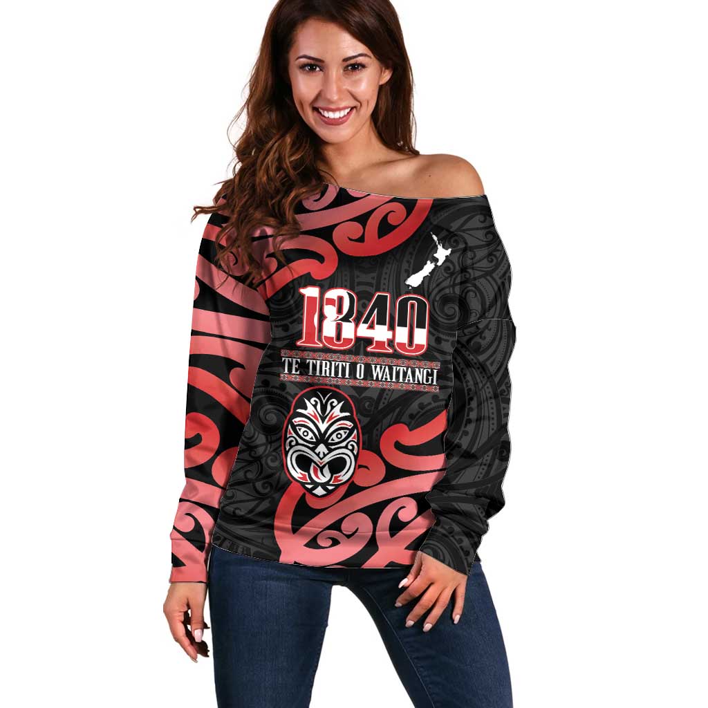 New Zealand 1840 Waitangi Day Off Shoulder Sweater Aotearoa Haka Mask - Red Version LT14 Women Red - Polynesian Pride