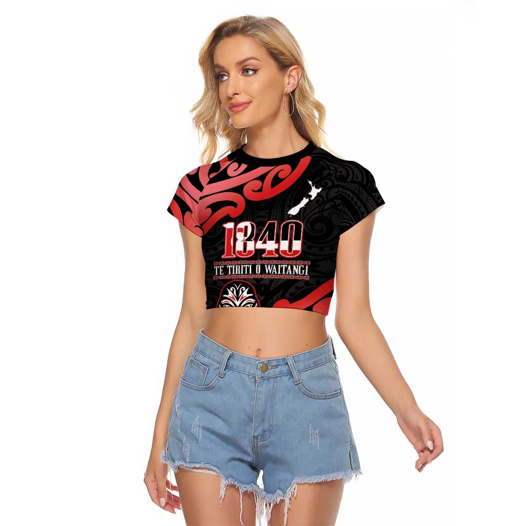 New Zealand 1840 Waitangi Day Raglan Cropped T Shirt Aotearoa Haka Mask - Red Version LT14 Female Red - Polynesian Pride