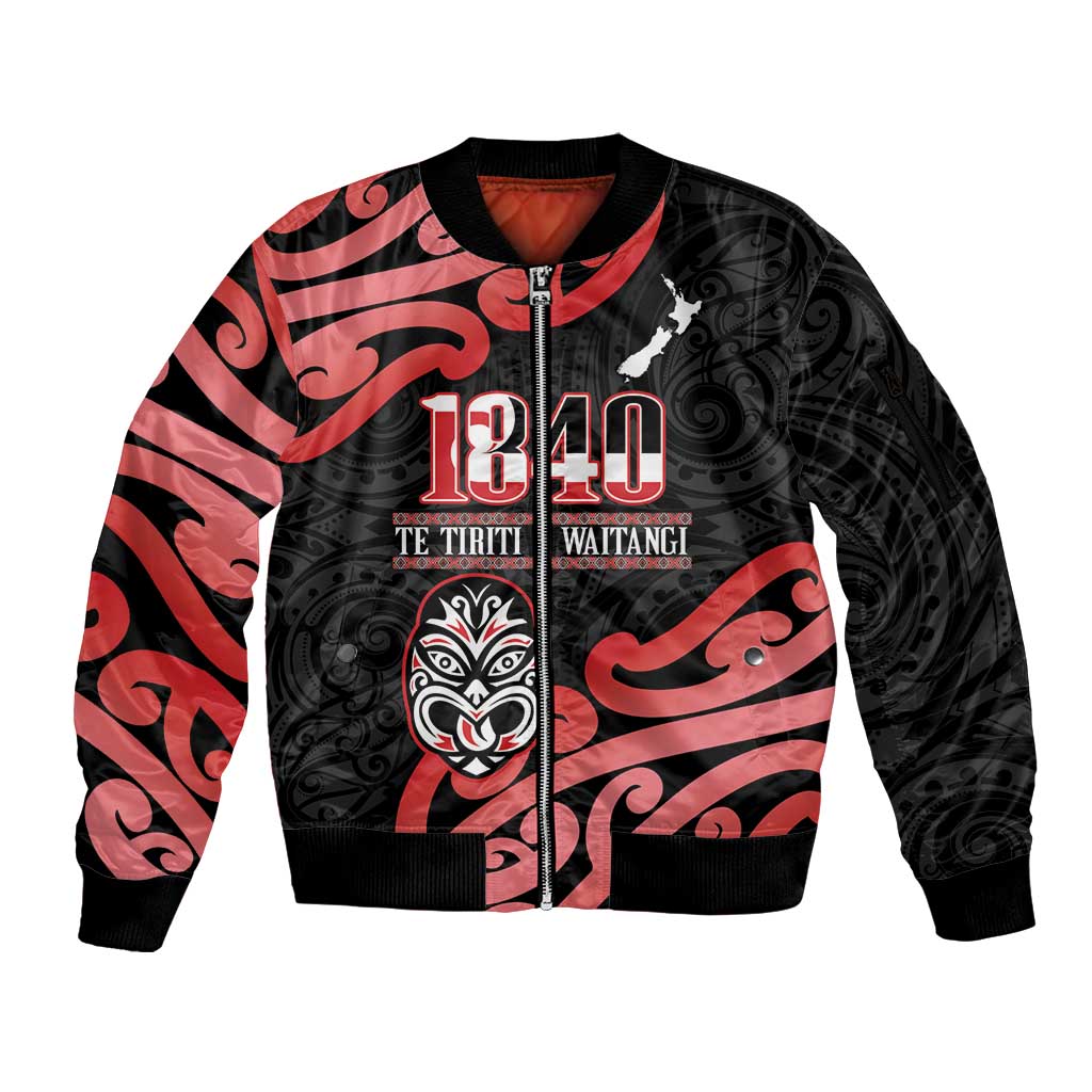 New Zealand 1840 Waitangi Day Sleeve Zip Bomber Jacket Aotearoa Haka Mask - Red Version LT14 Unisex Red - Polynesian Pride