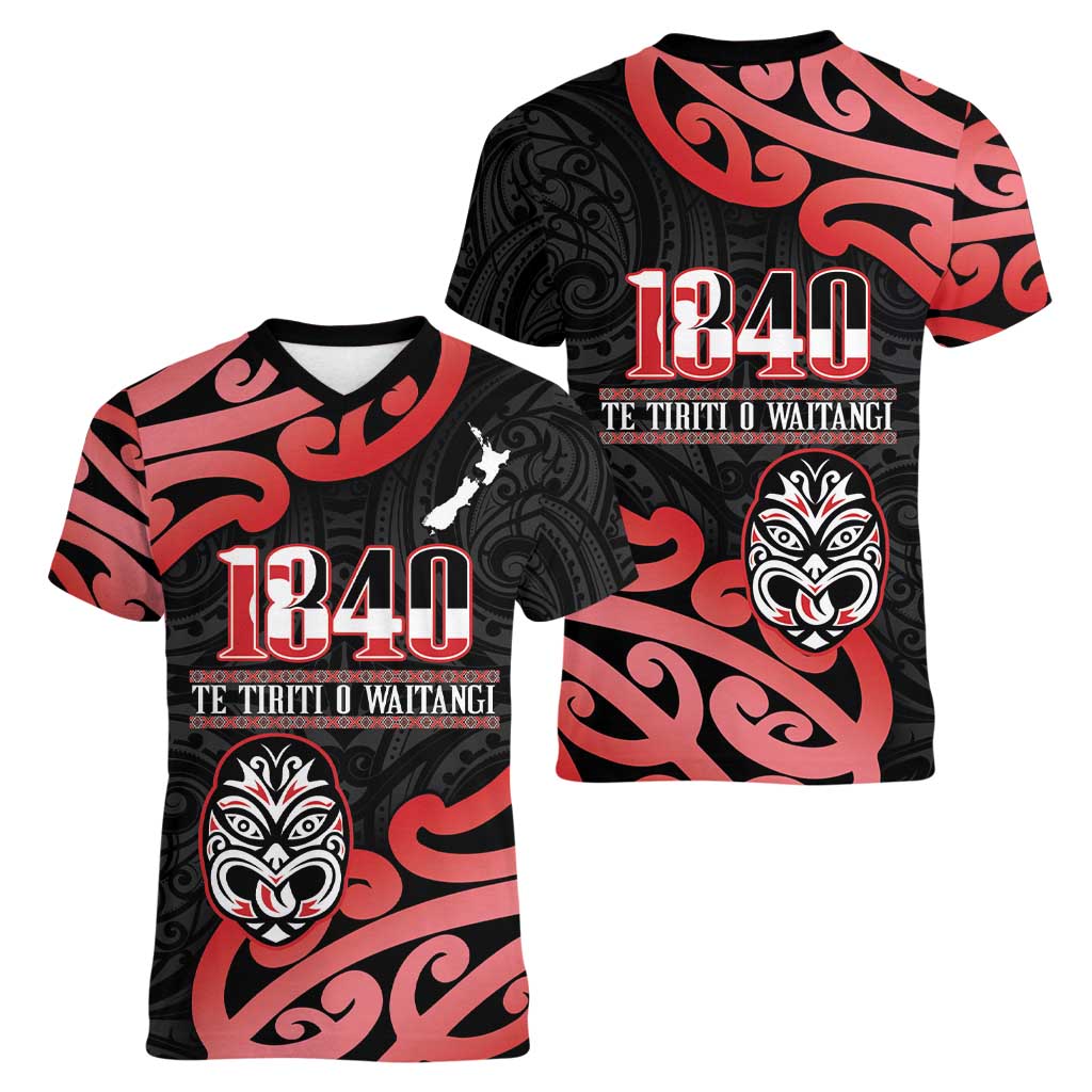 New Zealand 1840 Waitangi Day Women V-Neck T-Shirt Aotearoa Haka Mask - Red Version