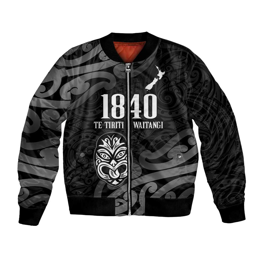 New Zealand 1840 Waitangi Day Bomber Jacket Aotearoa Haka Mask - Black Version LT14 Unisex Black - Polynesian Pride