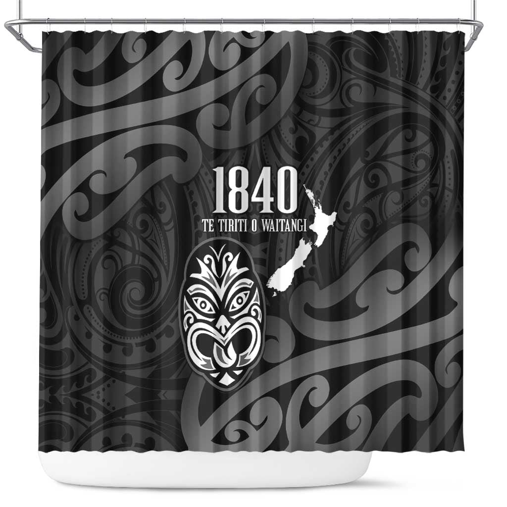 New Zealand 1840 Waitangi Day Shower Curtain Aotearoa Haka Mask - Black Version LT14 Black - Polynesian Pride