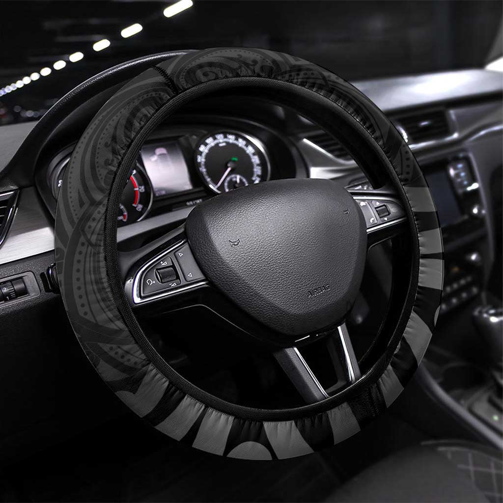 New Zealand 1840 Waitangi Day Steering Wheel Cover Aotearoa Haka Mask - Black Version LT14 Universal Fit Black - Polynesian Pride
