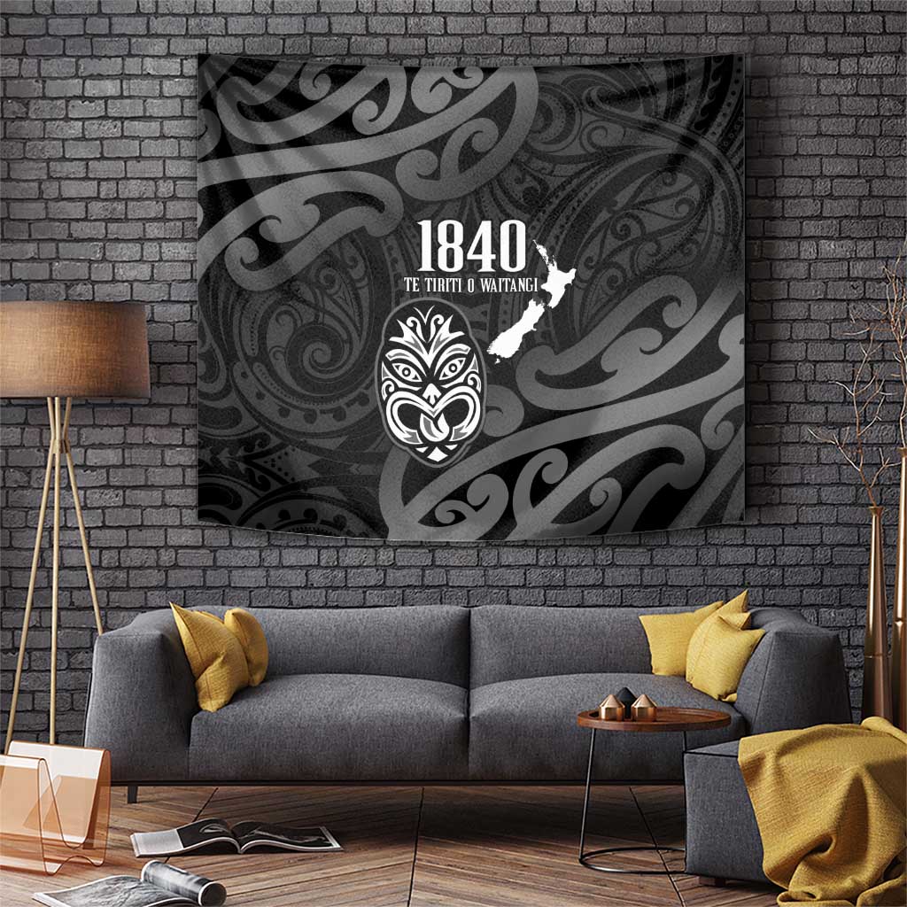 New Zealand 1840 Waitangi Day Tapestry Aotearoa Haka Mask - Black Version LT14 Black - Polynesian Pride