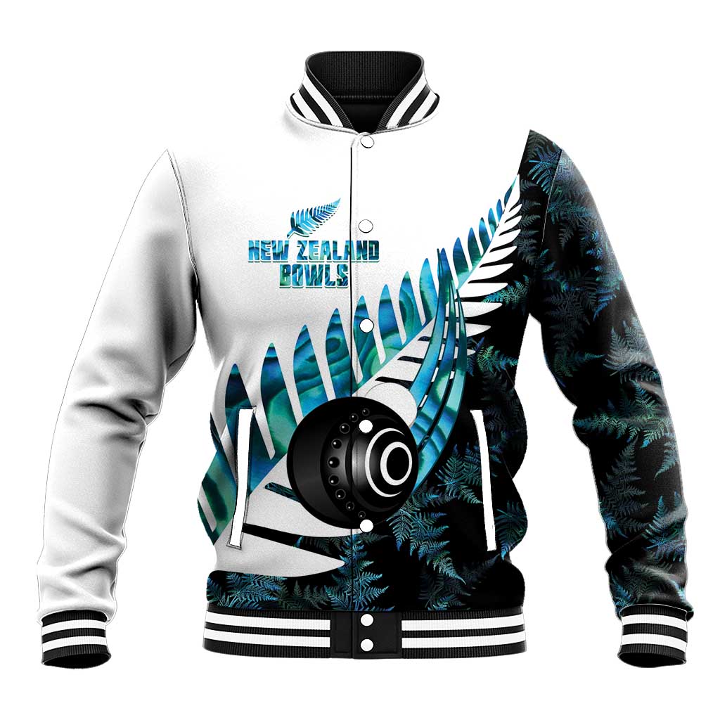 New Zealand Lawn Bowls Custom Baseball Jacket Aotearoa Silver Fern Paua Shell LT14 Unisex Black - Polynesian Pride