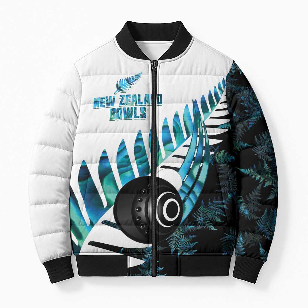 New Zealand Lawn Bowls Custom Bomber Puffer Jacket Aotearoa Silver Fern Paua Shell LT14 Unisex Black - Polynesian Pride