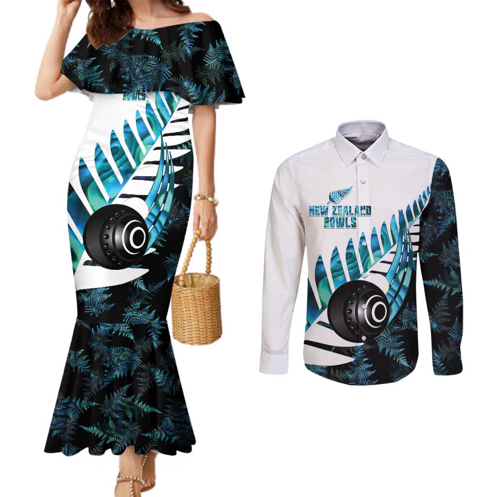 New Zealand Lawn Bowls Custom Couples Matching Mermaid Dress and Long Sleeve Button Shirt Aotearoa Silver Fern Paua Shell - Polynesian Pride