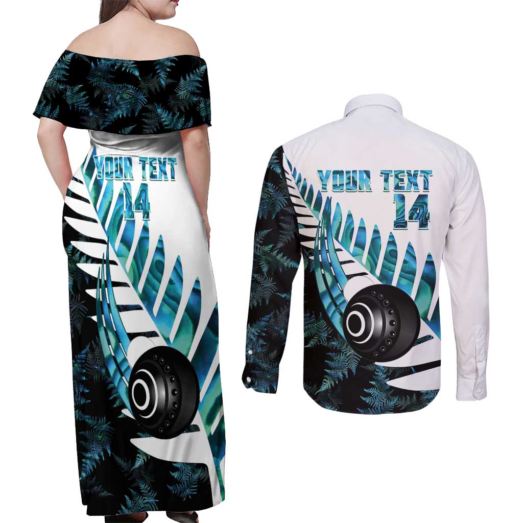 New Zealand Lawn Bowls Custom Couples Matching Off Shoulder Maxi Dress and Long Sleeve Button Shirt Aotearoa Silver Fern Paua Shell - Polynesian Pride