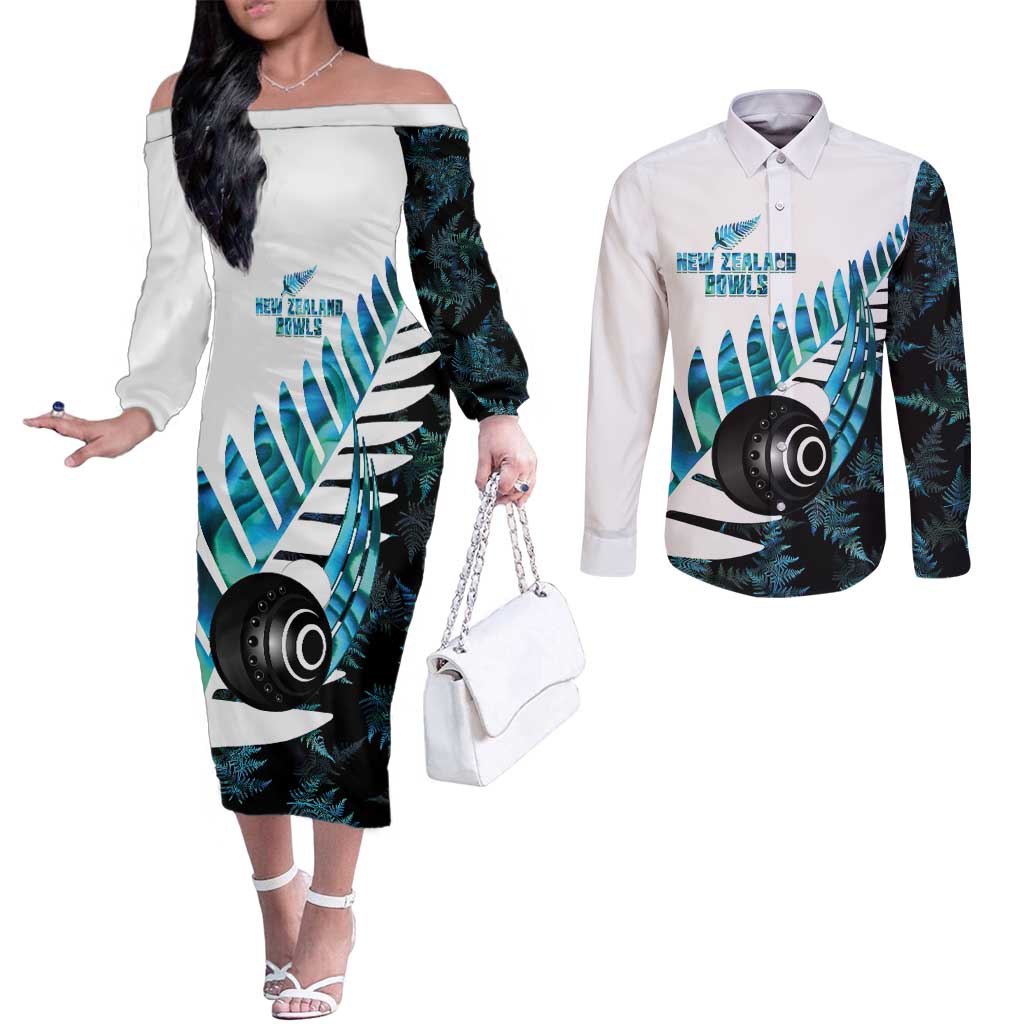 New Zealand Lawn Bowls Custom Couples Matching Off The Shoulder Long Sleeve Dress and Long Sleeve Button Shirt Aotearoa Silver Fern Paua Shell - Polynesian Pride