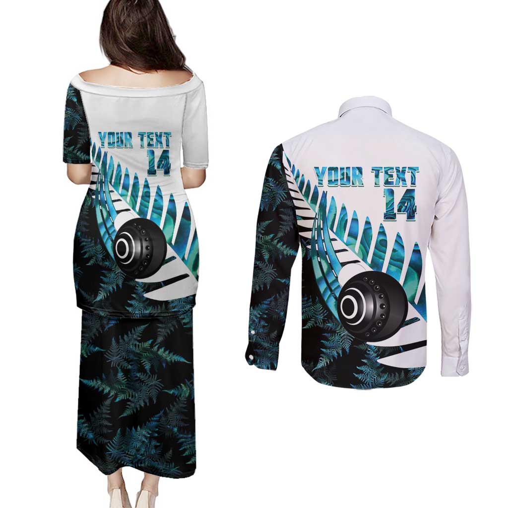 New Zealand Lawn Bowls Custom Couples Matching Puletasi and Long Sleeve Button Shirt Aotearoa Silver Fern Paua Shell - Polynesian Pride