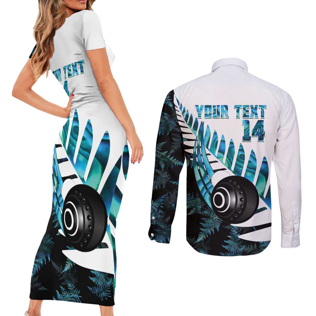 New Zealand Lawn Bowls Custom Couples Matching Short Sleeve Bodycon Dress and Long Sleeve Button Shirt Aotearoa Silver Fern Paua Shell - Polynesian Pride