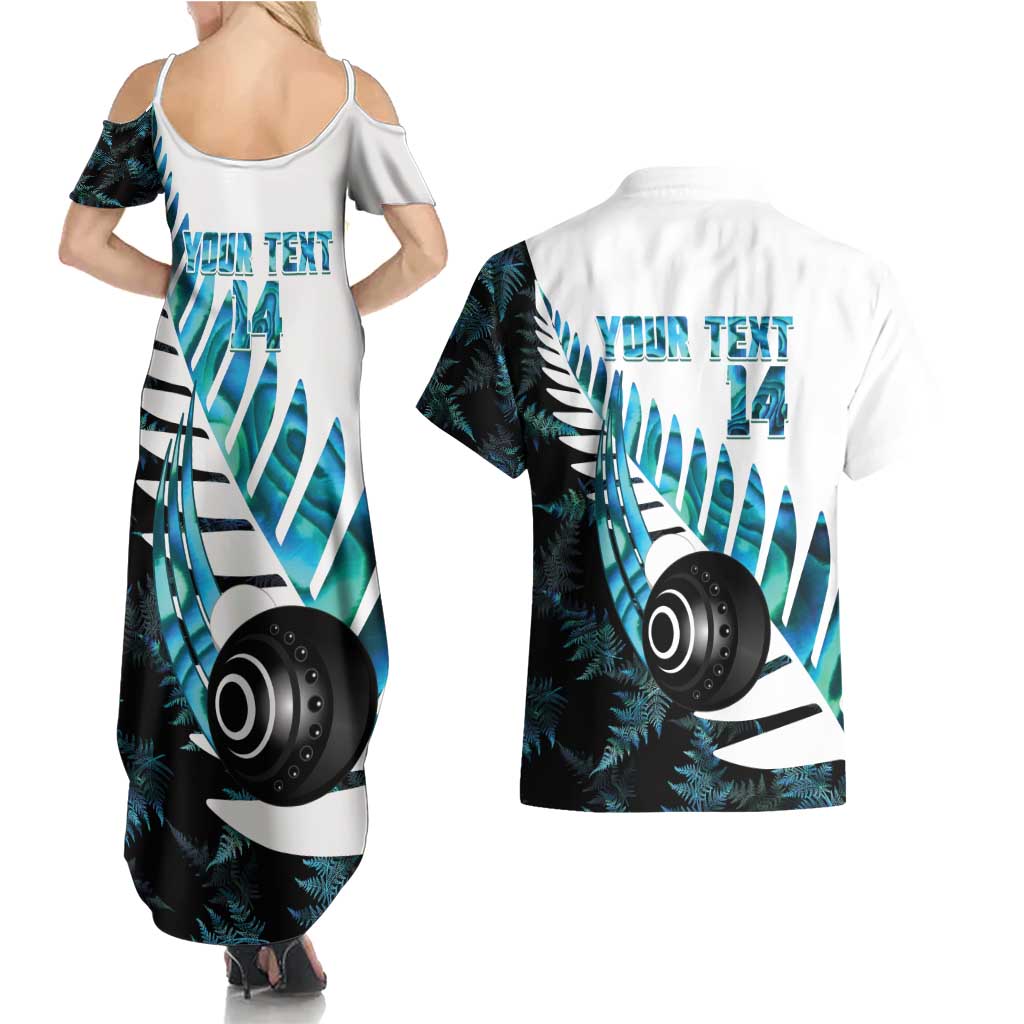 New Zealand Lawn Bowls Custom Couples Matching Summer Maxi Dress and Hawaiian Shirt Aotearoa Silver Fern Paua Shell - Polynesian Pride