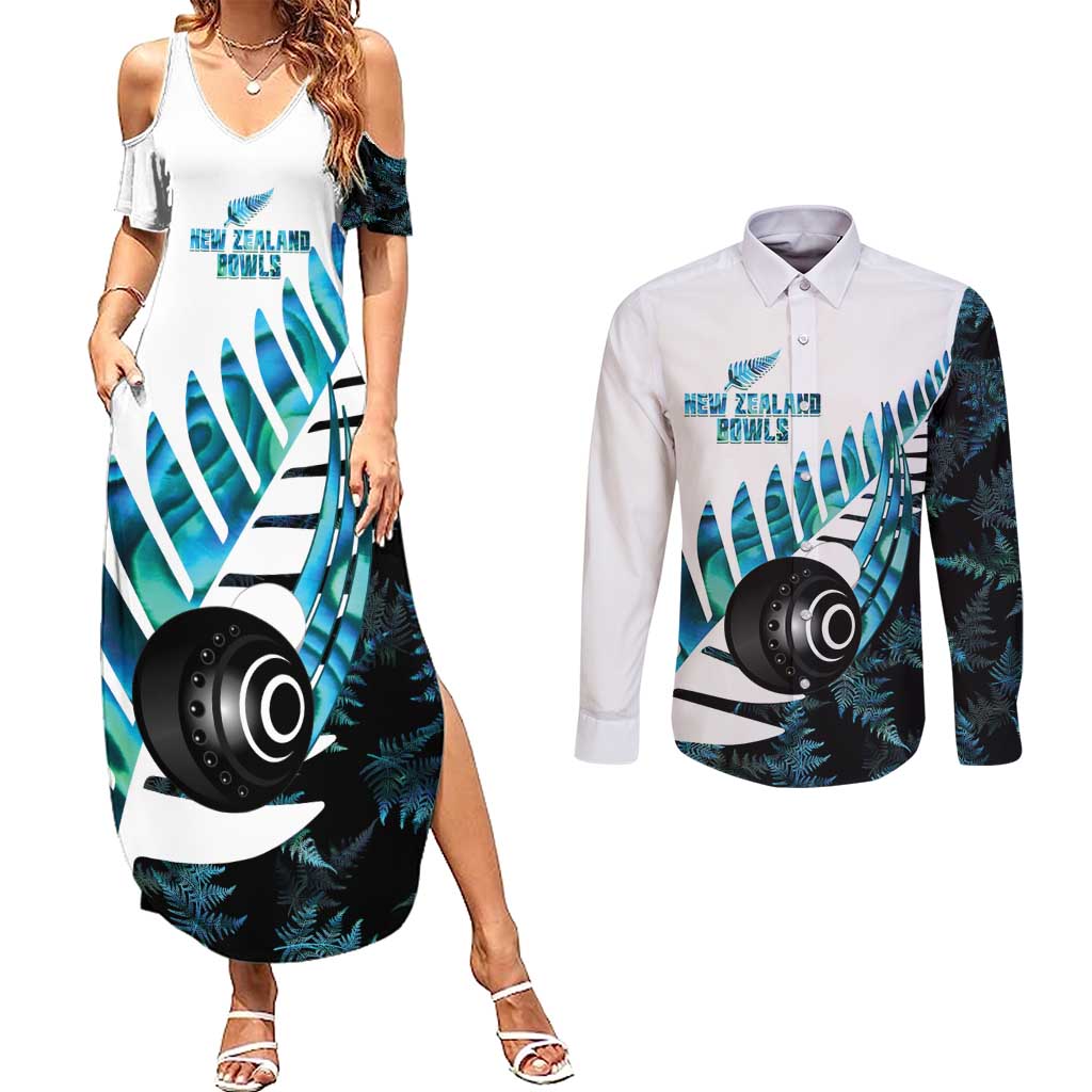 New Zealand Lawn Bowls Custom Couples Matching Summer Maxi Dress and Long Sleeve Button Shirt Aotearoa Silver Fern Paua Shell - Polynesian Pride