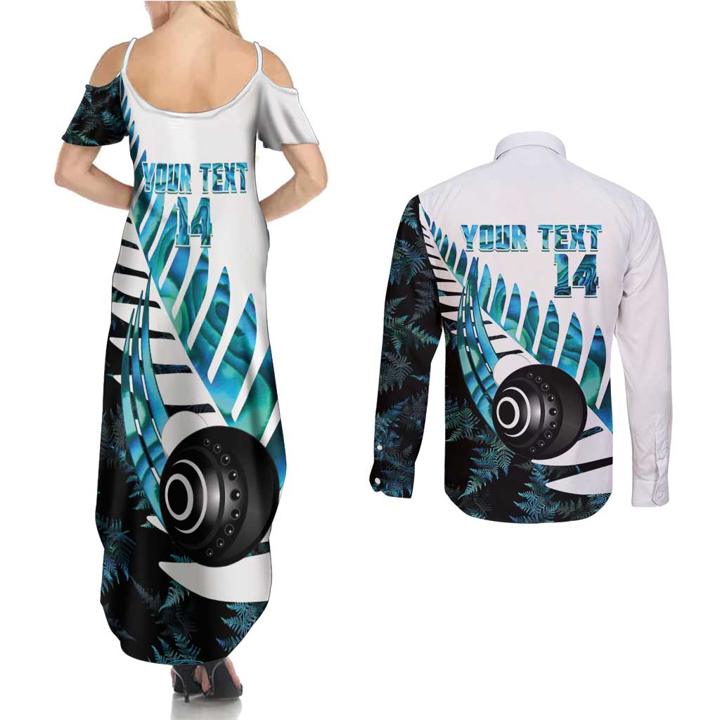 New Zealand Lawn Bowls Custom Couples Matching Summer Maxi Dress and Long Sleeve Button Shirt Aotearoa Silver Fern Paua Shell - Polynesian Pride