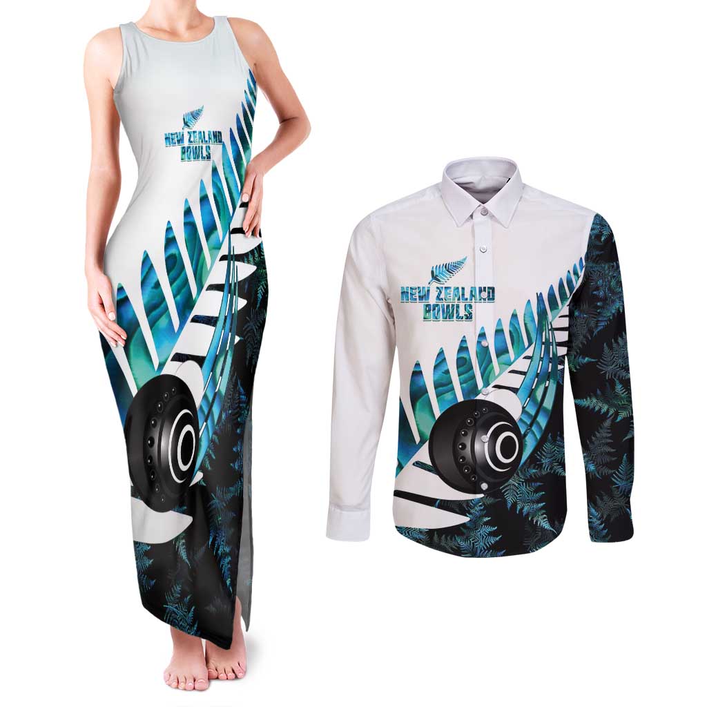 New Zealand Lawn Bowls Custom Couples Matching Tank Maxi Dress and Long Sleeve Button Shirt Aotearoa Silver Fern Paua Shell - Polynesian Pride