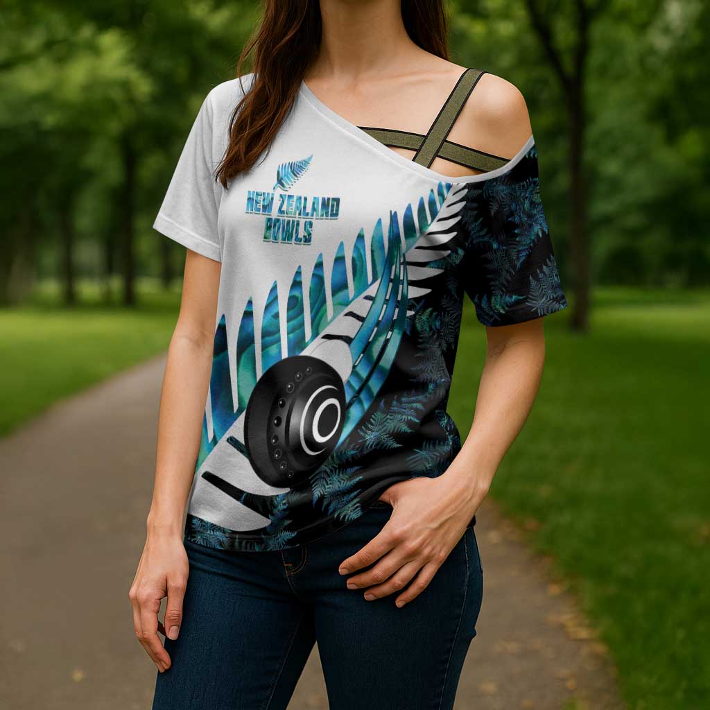 New Zealand Lawn Bowls Custom Cross Shoulder Shirt Aotearoa Silver Fern Paua Shell - Polynesian Pride