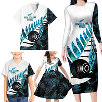 New Zealand Lawn Bowls Custom Family Matching Long Sleeve Bodycon Dress and Hawaiian Shirt Aotearoa Silver Fern Paua Shell - Polynesian Pride