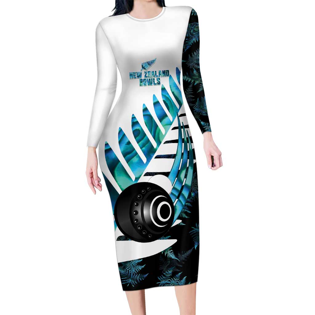 New Zealand Lawn Bowls Custom Family Matching Long Sleeve Bodycon Dress and Hawaiian Shirt Aotearoa Silver Fern Paua Shell - Polynesian Pride