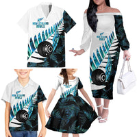 New Zealand Lawn Bowls Custom Family Matching Off The Shoulder Long Sleeve Dress and Hawaiian Shirt Aotearoa Silver Fern Paua Shell - Polynesian Pride