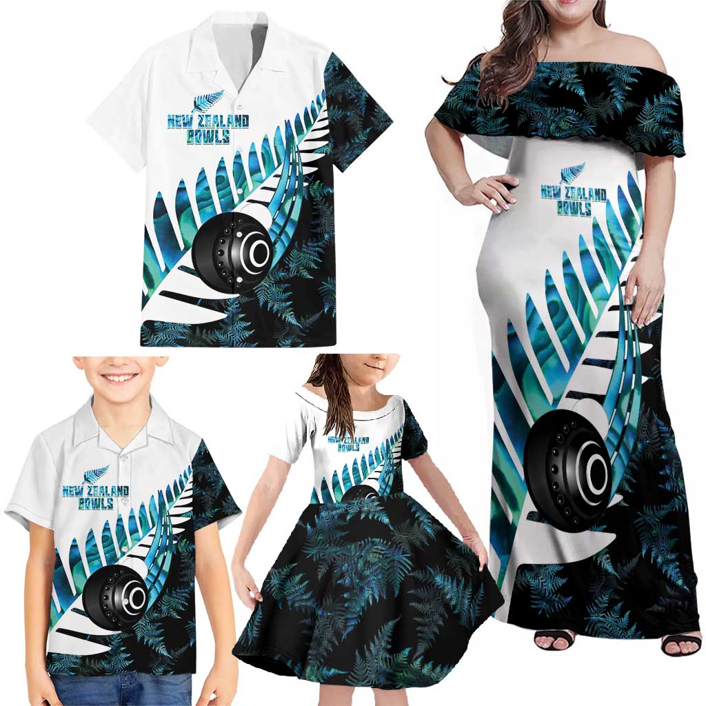 New Zealand Lawn Bowls Custom Family Matching Off Shoulder Maxi Dress and Hawaiian Shirt Aotearoa Silver Fern Paua Shell - Polynesian Pride
