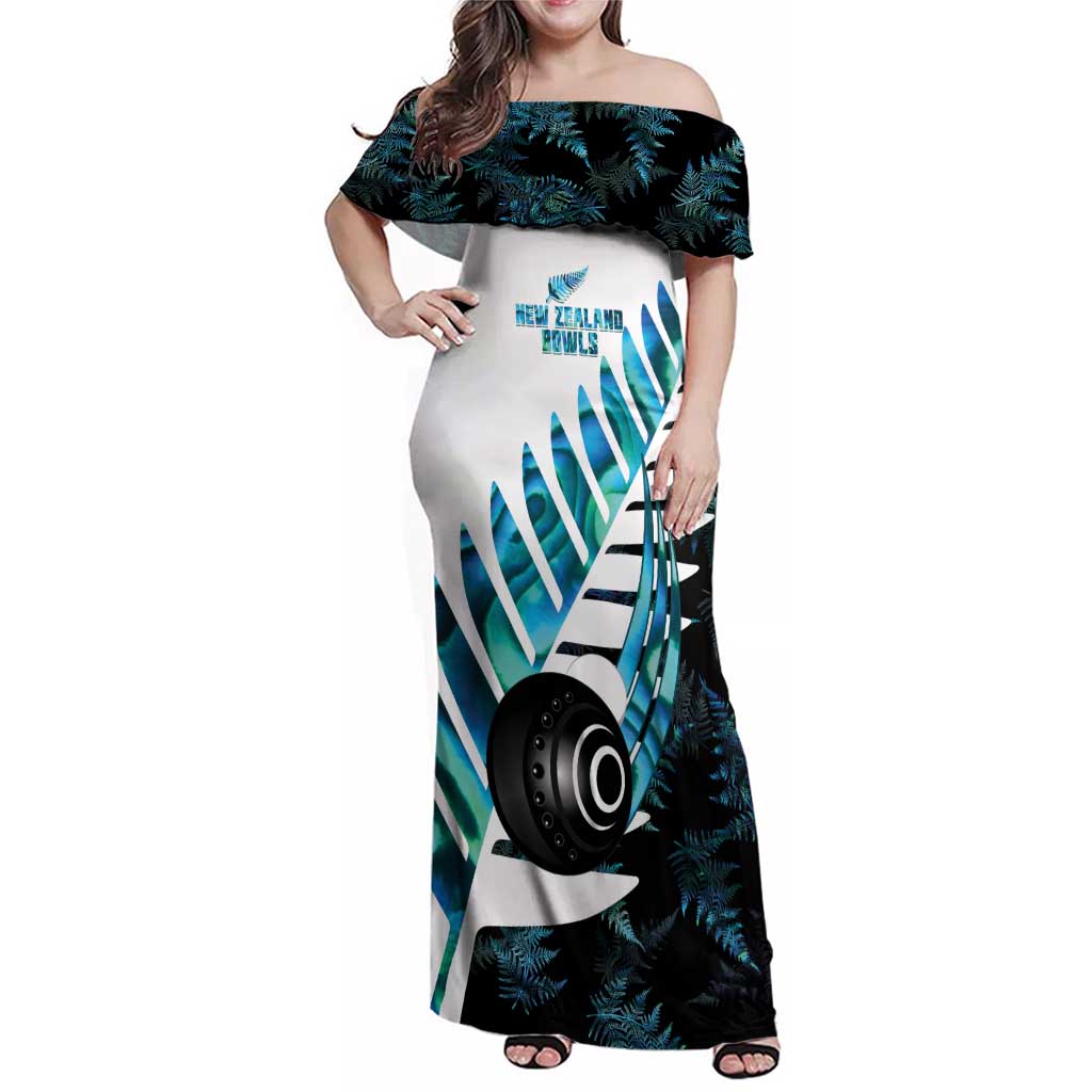 New Zealand Lawn Bowls Custom Family Matching Off Shoulder Maxi Dress and Hawaiian Shirt Aotearoa Silver Fern Paua Shell - Polynesian Pride
