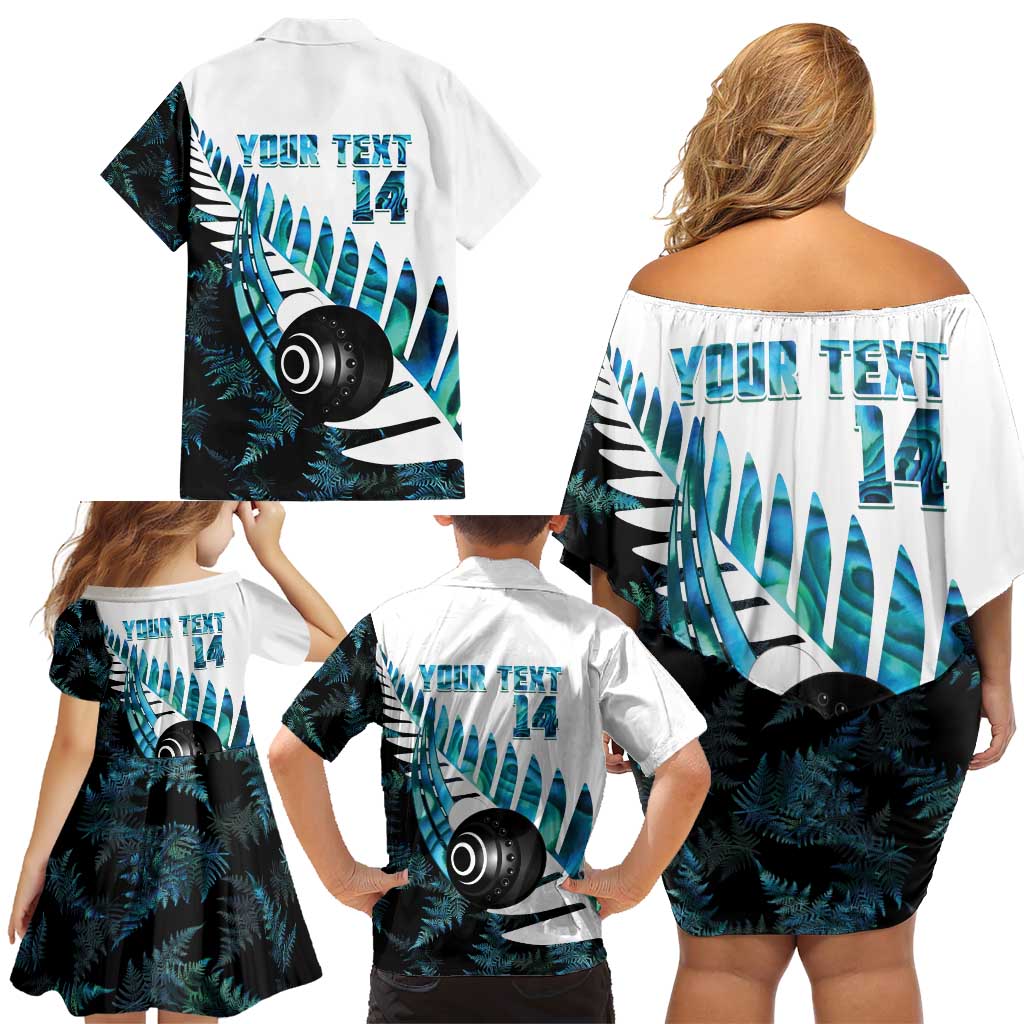 New Zealand Lawn Bowls Custom Family Matching Off Shoulder Short Dress and Hawaiian Shirt Aotearoa Silver Fern Paua Shell - Polynesian Pride