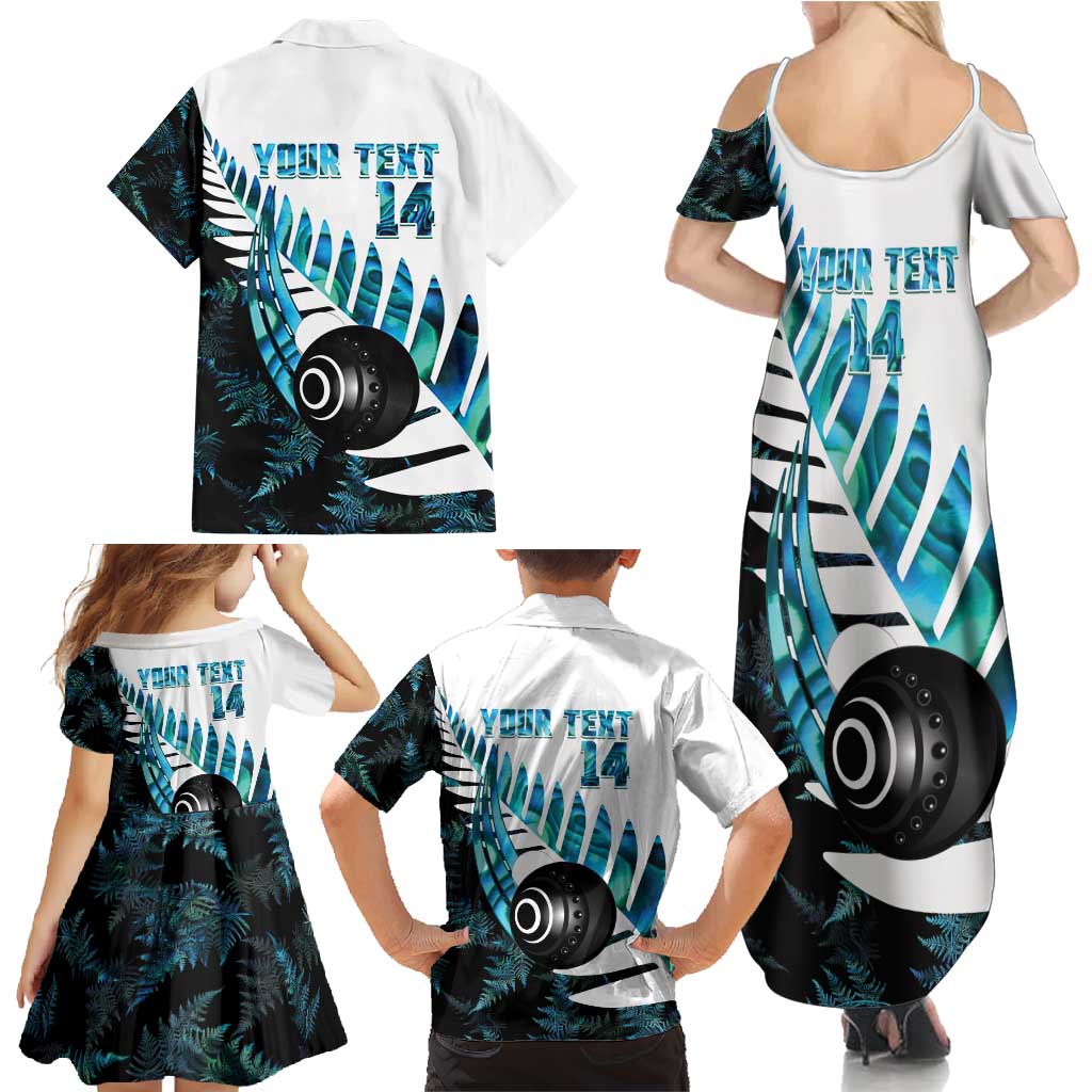 New Zealand Lawn Bowls Custom Family Matching Summer Maxi Dress and Hawaiian Shirt Aotearoa Silver Fern Paua Shell - Polynesian Pride