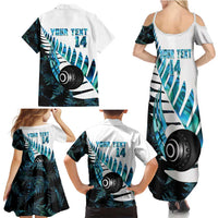 New Zealand Lawn Bowls Custom Family Matching Summer Maxi Dress and Hawaiian Shirt Aotearoa Silver Fern Paua Shell - Polynesian Pride