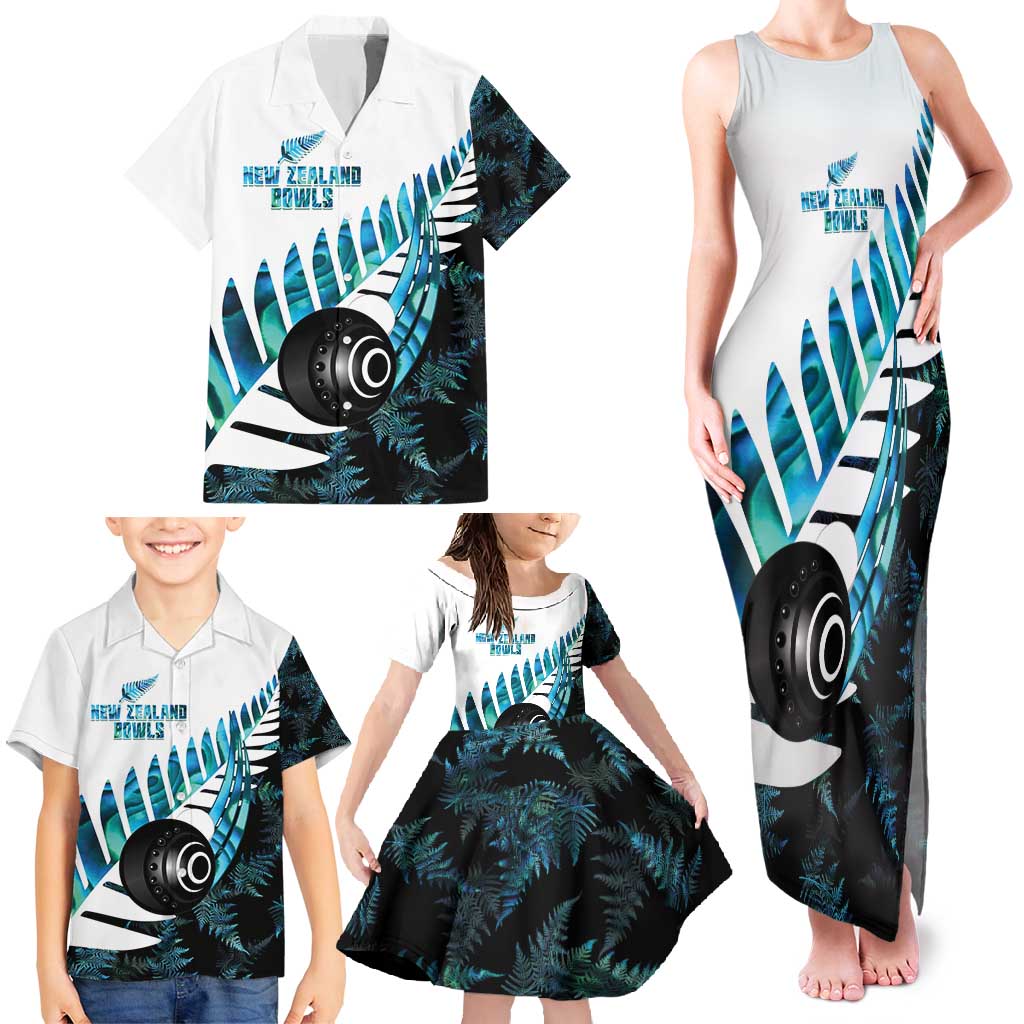 New Zealand Lawn Bowls Custom Family Matching Tank Maxi Dress and Hawaiian Shirt Aotearoa Silver Fern Paua Shell - Polynesian Pride