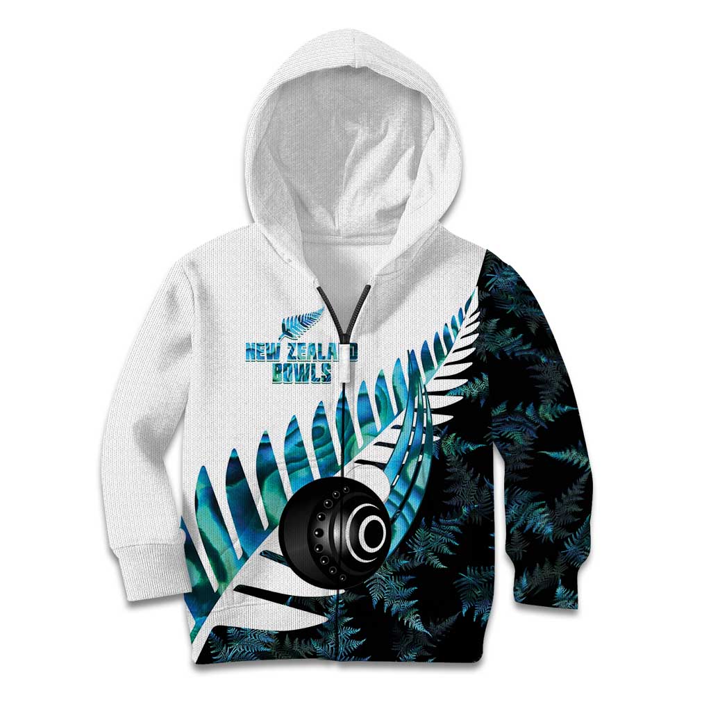 New Zealand Lawn Bowls Custom Kid Hoodie Aotearoa Silver Fern Paua Shell - Polynesian Pride