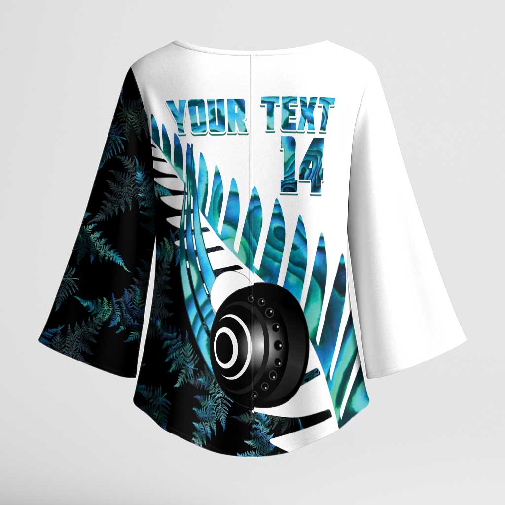 New Zealand Lawn Bowls Custom Kimono Sleeve Blouse Aotearoa Silver Fern Paua Shell - Polynesian Pride