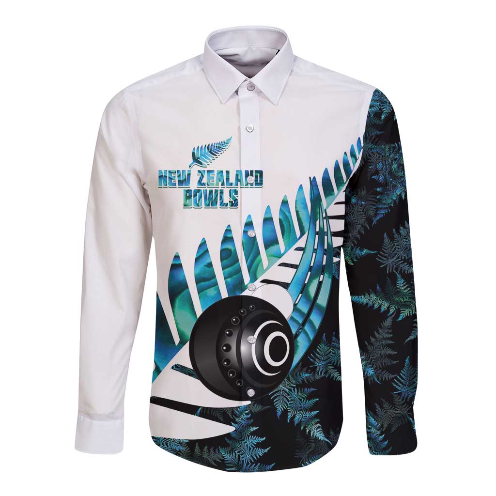 New Zealand Lawn Bowls Custom Long Sleeve Button Shirt Aotearoa Silver Fern Paua Shell LT14 Unisex Black - Polynesian Pride