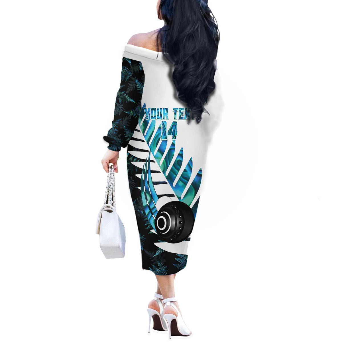 New Zealand Lawn Bowls Custom Off The Shoulder Long Sleeve Dress Aotearoa Silver Fern Paua Shell - Polynesian Pride