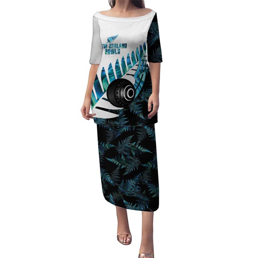 New Zealand Lawn Bowls Custom Puletasi Aotearoa Silver Fern Paua Shell LT14 Long Dress Black - Polynesian Pride