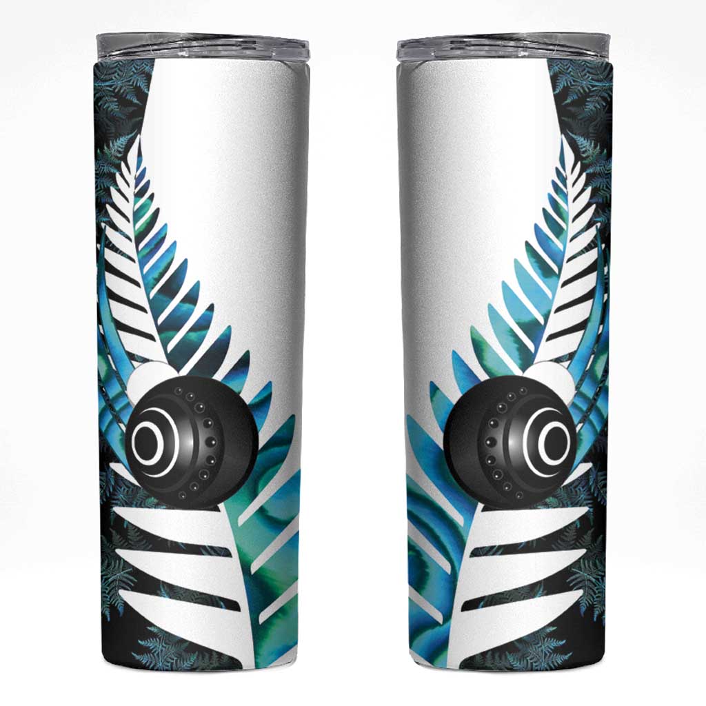 New Zealand Lawn Bowls Custom Skinny Tumbler Aotearoa Silver Fern Paua Shell - Polynesian Pride