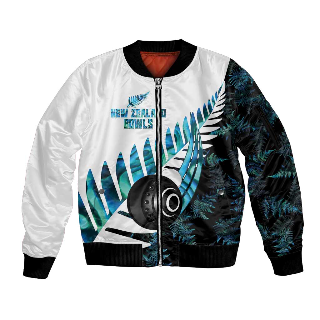 New Zealand Lawn Bowls Custom Sleeve Zip Bomber Jacket Aotearoa Silver Fern Paua Shell LT14 Unisex Black - Polynesian Pride