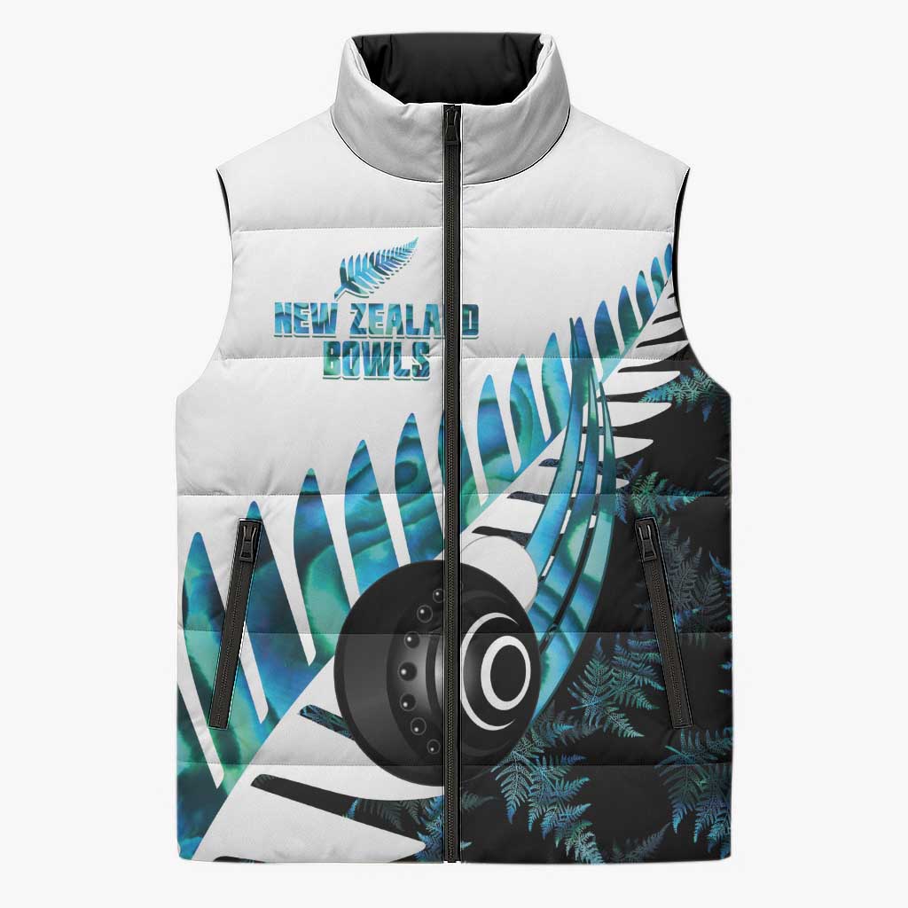 New Zealand Lawn Bowls Custom Sleeveless Puffer Jacket Aotearoa Silver Fern Paua Shell - Polynesian Pride