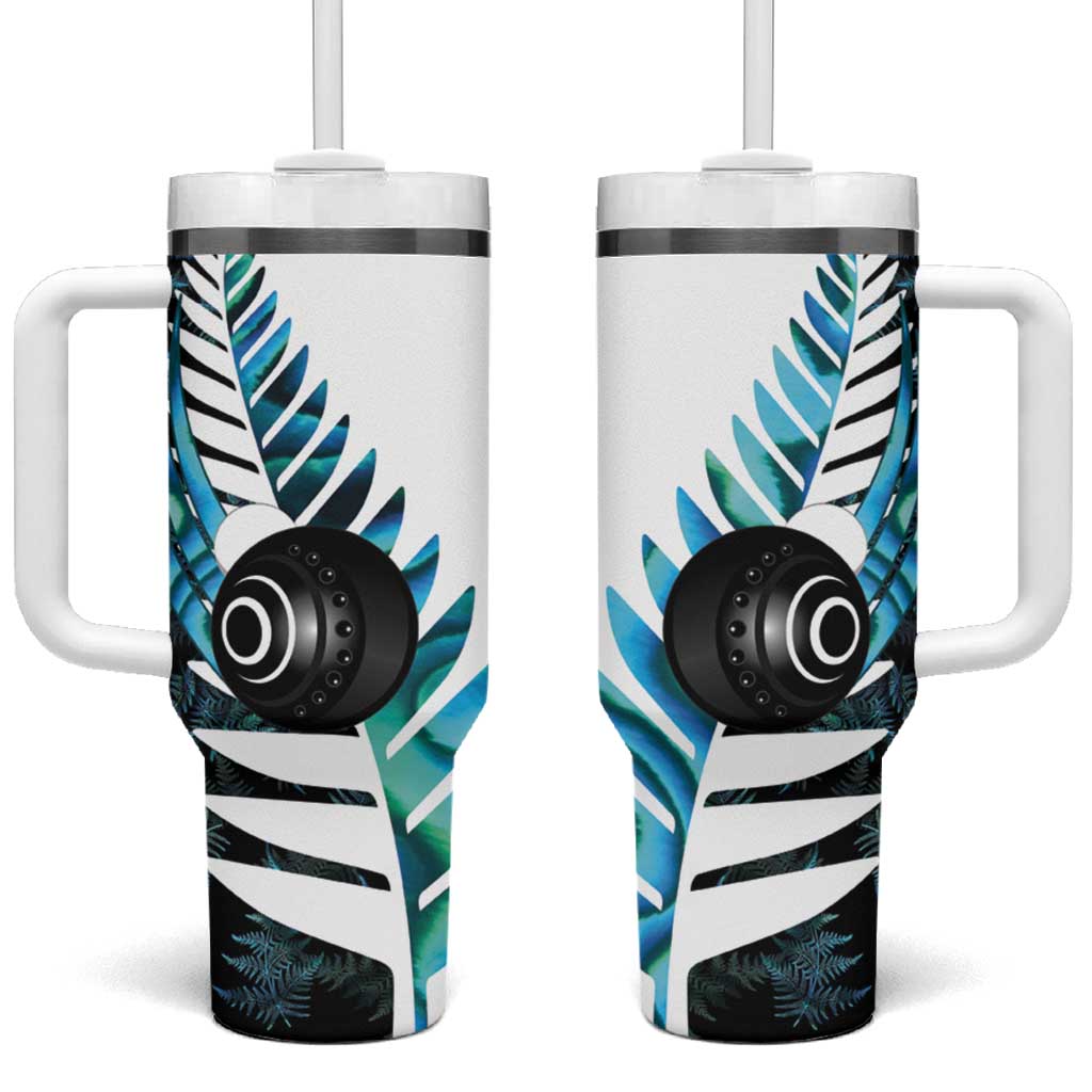 New Zealand Lawn Bowls Custom Tumbler With Handle Aotearoa Silver Fern Paua Shell - Polynesian Pride