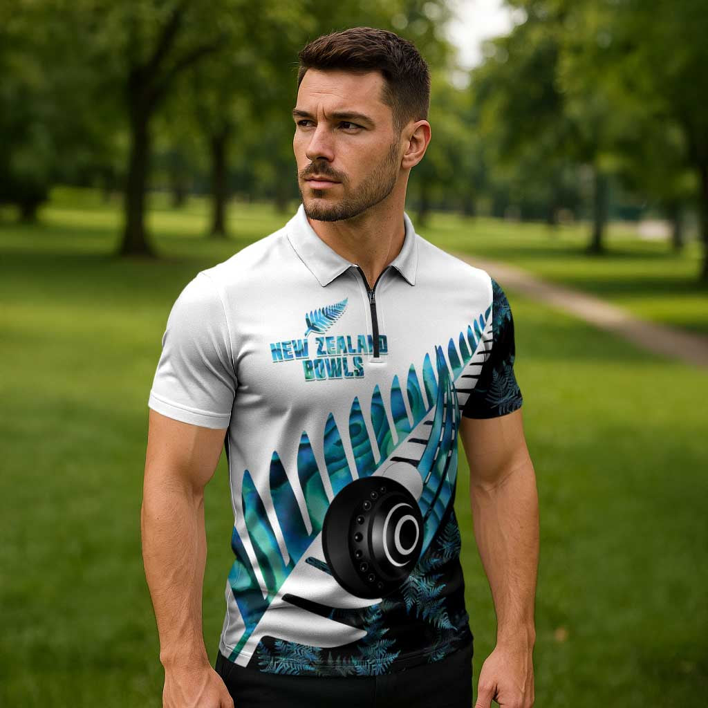 New Zealand Lawn Bowls Custom Zipper Polo Shirt Aotearoa Silver Fern Paua Shell - Polynesian Pride