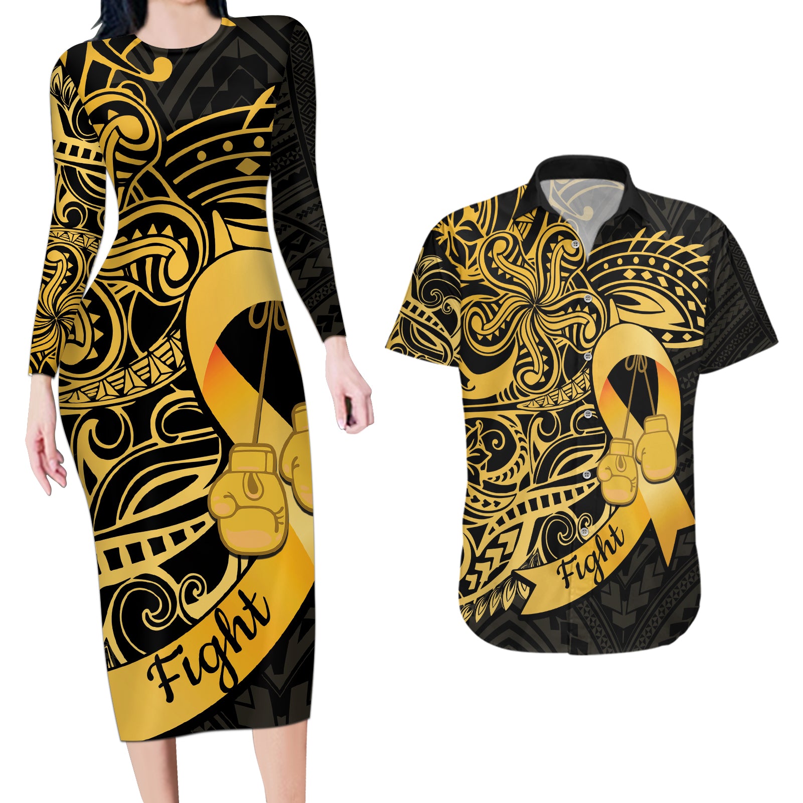 Polynesia Bone Cancer Awareness Couples Matching Long Sleeve Bodycon Dress and Hawaiian Shirt Fight Warriors