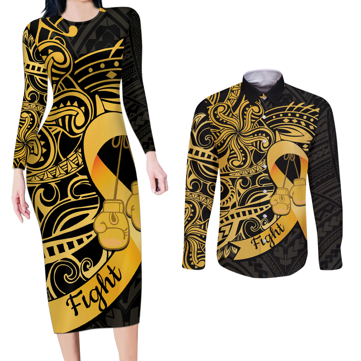 Polynesia Bone Cancer Awareness Couples Matching Long Sleeve Bodycon Dress and Long Sleeve Button Shirt Fight Warriors