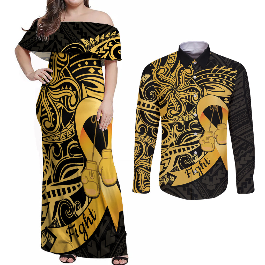 Polynesia Bone Cancer Awareness Couples Matching Off Shoulder Maxi Dress and Long Sleeve Button Shirt Fight Warriors