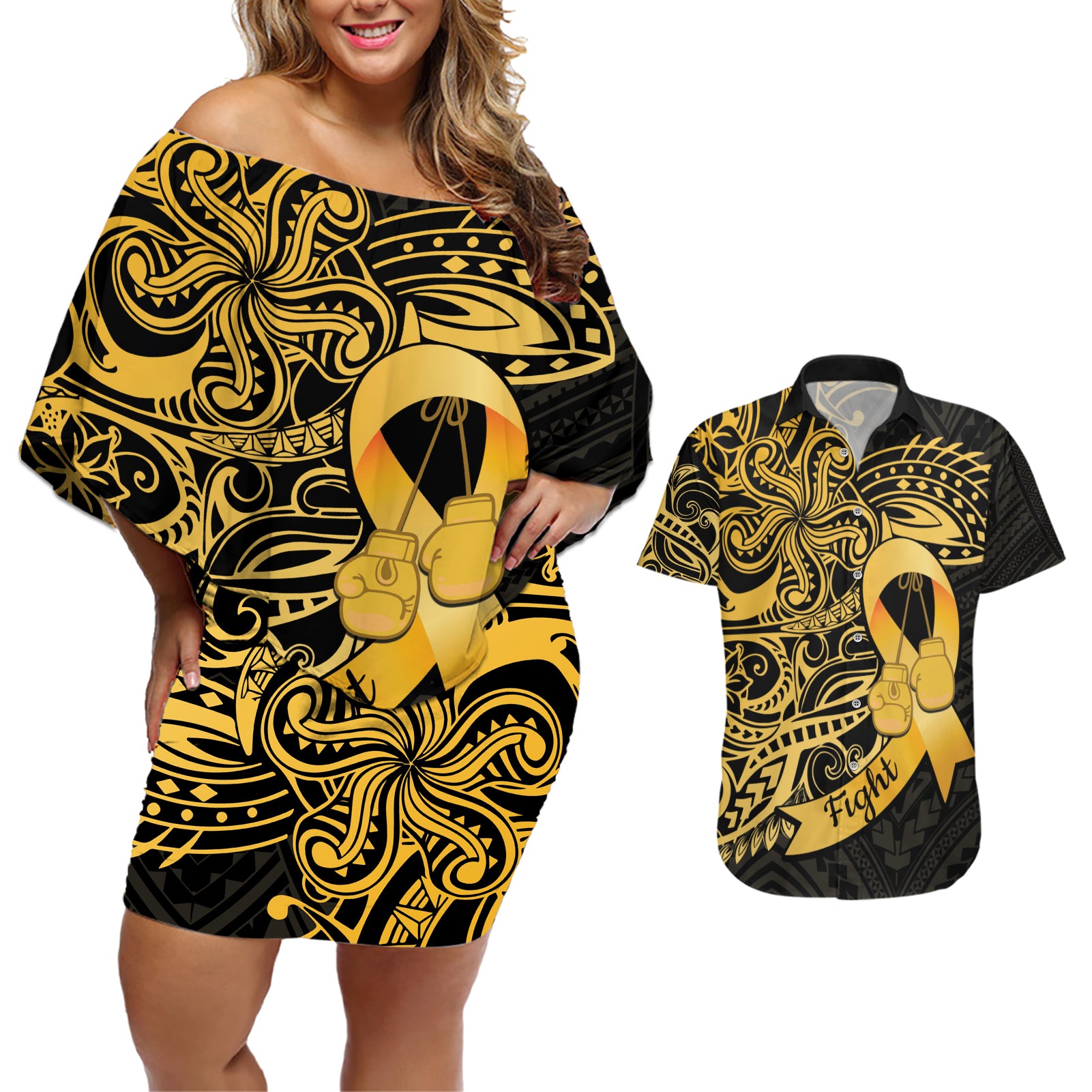 Polynesia Bone Cancer Awareness Couples Matching Off Shoulder Short Dress and Hawaiian Shirt Fight Warriors