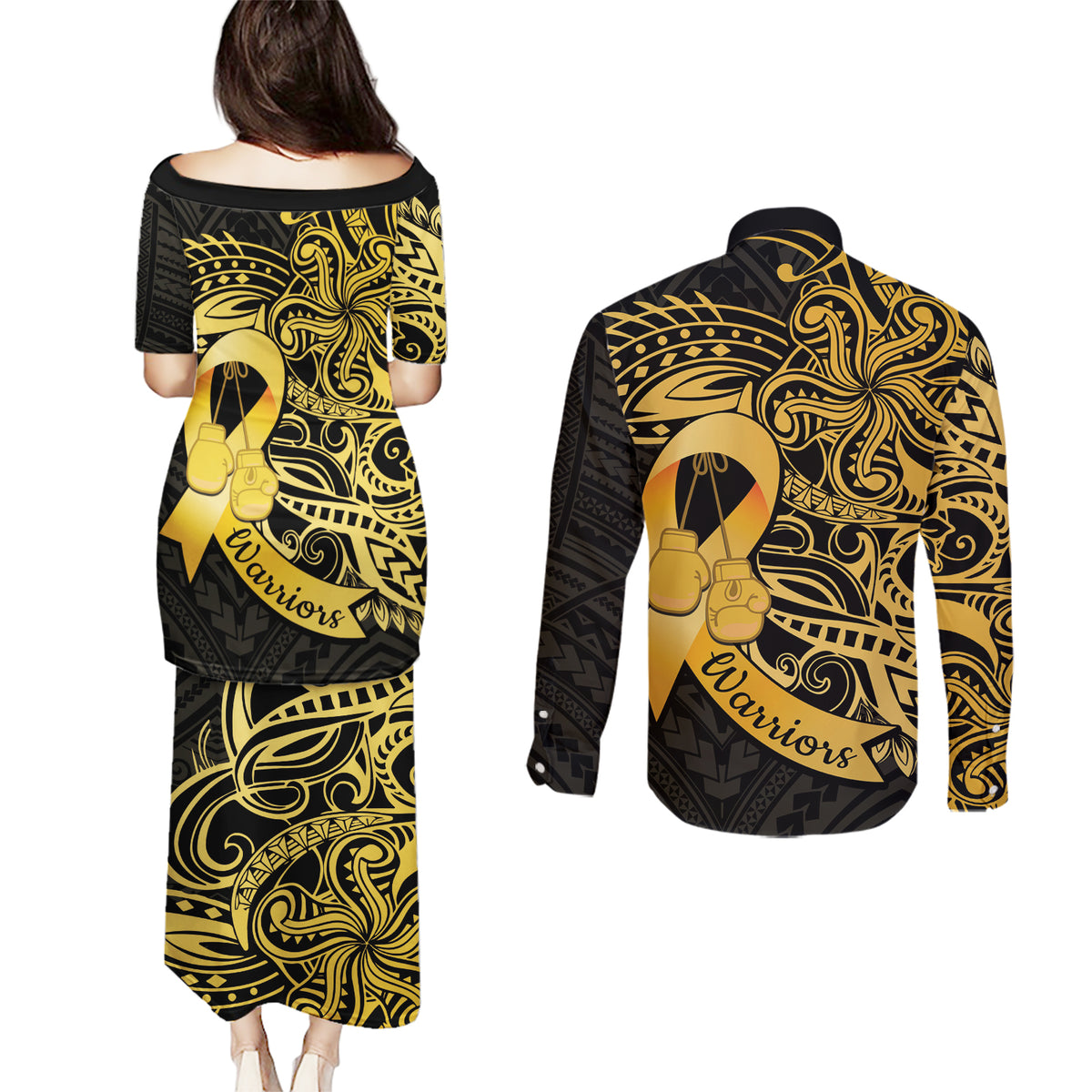 Polynesia Bone Cancer Awareness Couples Matching Puletasi and Long Sleeve Button Shirt Fight Warriors