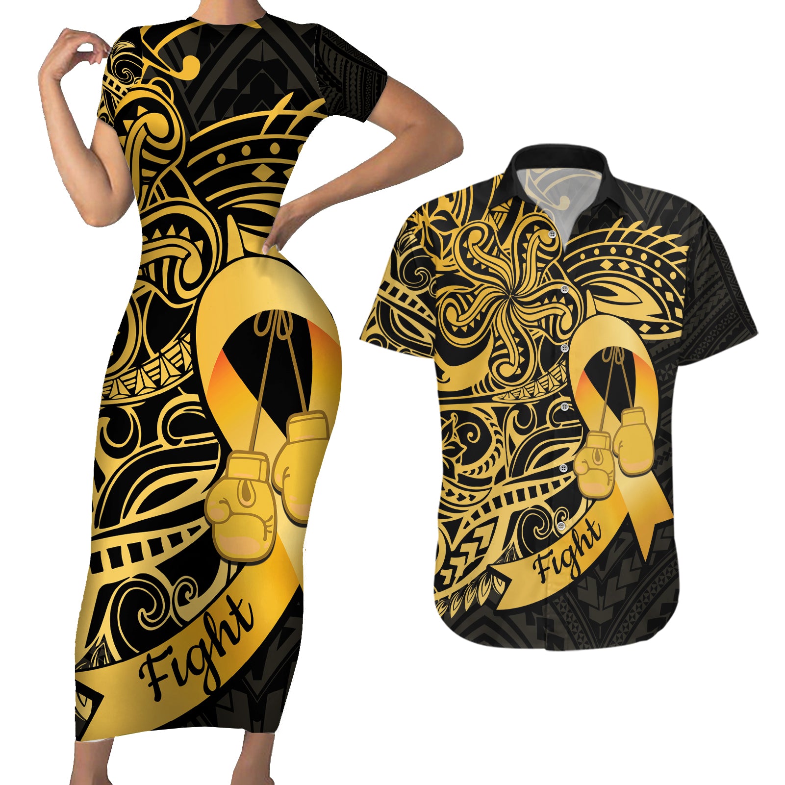 Polynesia Bone Cancer Awareness Couples Matching Short Sleeve Bodycon Dress and Hawaiian Shirt Fight Warriors