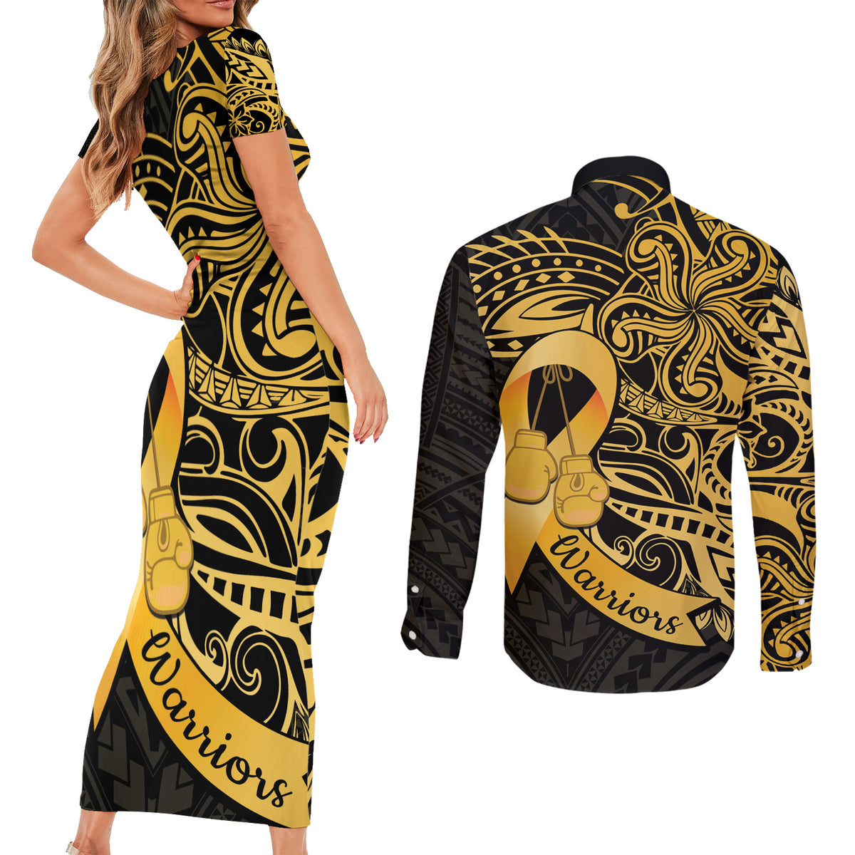 Polynesia Bone Cancer Awareness Couples Matching Short Sleeve Bodycon Dress and Long Sleeve Button Shirt Fight Warriors