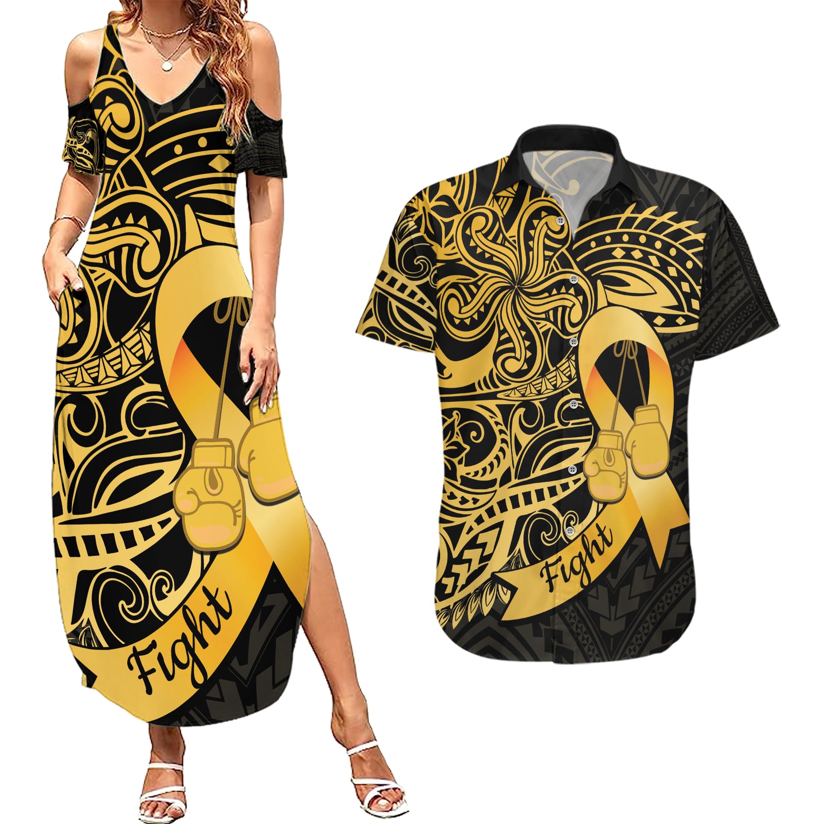 Polynesia Bone Cancer Awareness Couples Matching Summer Maxi Dress and Hawaiian Shirt Fight Warriors