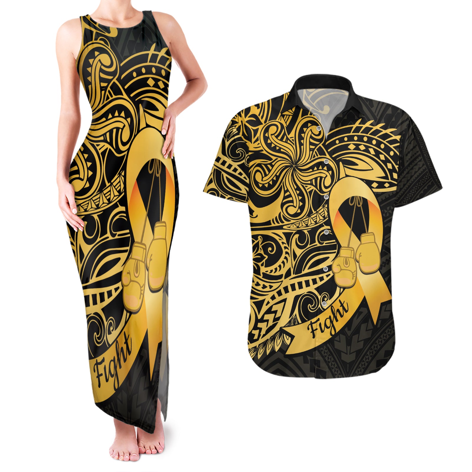 Polynesia Bone Cancer Awareness Couples Matching Tank Maxi Dress and Hawaiian Shirt Fight Warriors